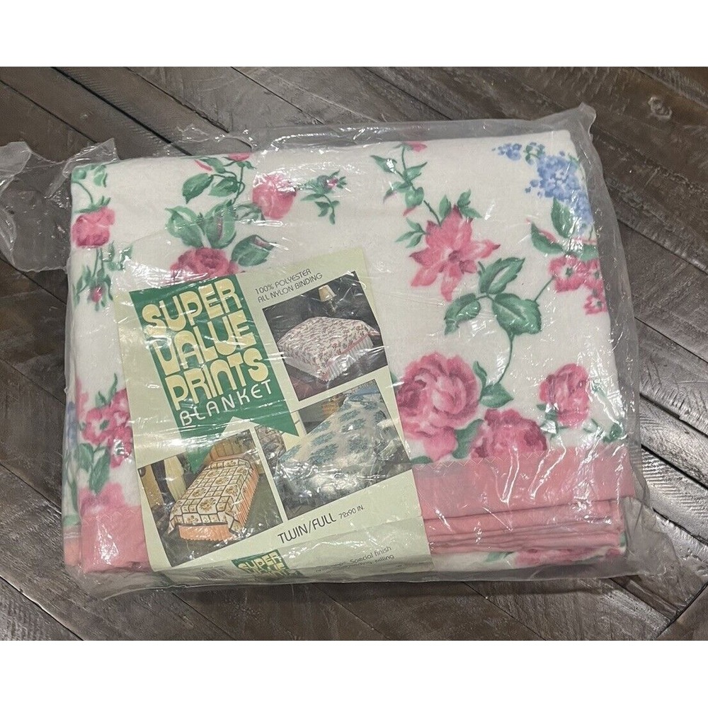 Vtg Blanket Beacon Pink Print Floral Flowers Satin‎ Edge 72x90 Full Size NEW